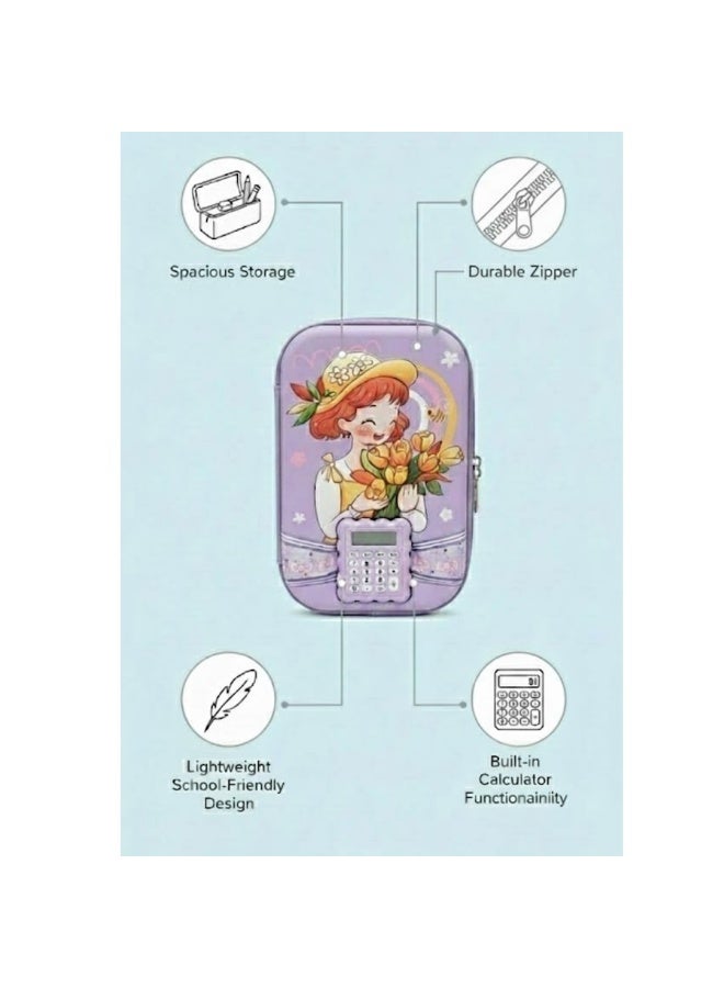 لوكاداه مقلمة أطفال مع آلة حاسبة - علبة أقلام بنفسجية لطيفة برسومات كرتونية للعودة إلى المدرسة، حقيبة أقلام بسحاب ذات سعة كبيرة، منظم أدوات مكتبية خفيف الوزن ومتين لطلاب رياض الأطفال - Image 5